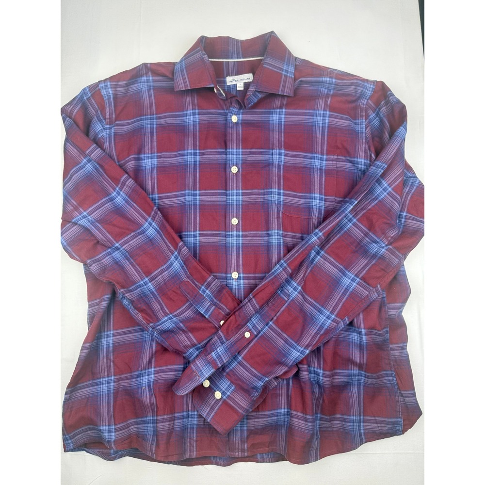 Peter Millar Button Down Shirt Large Burgundy Blue Plaid Long Sleeve Pocket